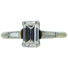 Modern Art Deco Emerald Cut Diamond Ring, Tapered Baguette Diamond Shoulders
