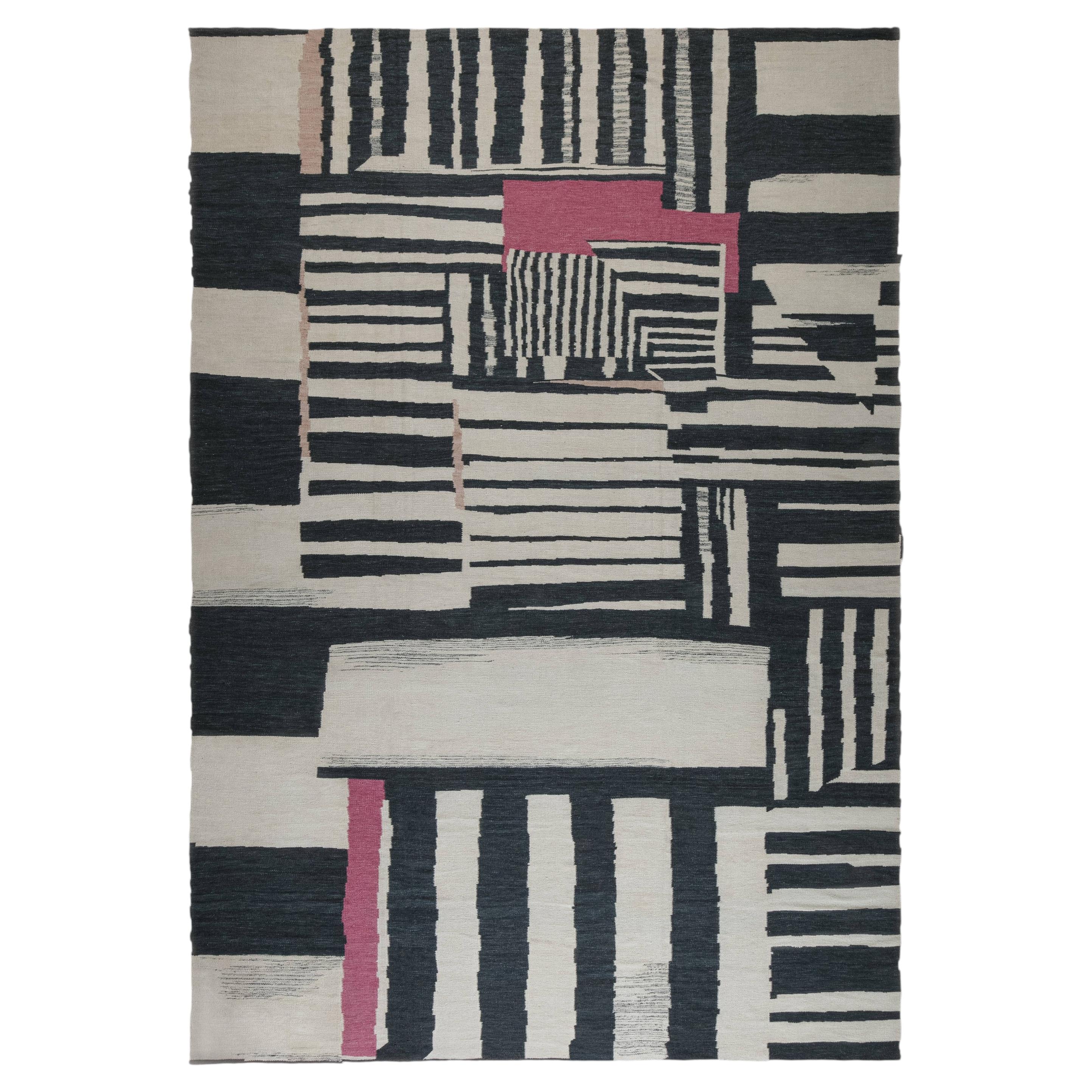 Tapis artisanal Art déco moderne aux motifs géométriques de couleur crème « Rosecode » par Doris Leslie Blau