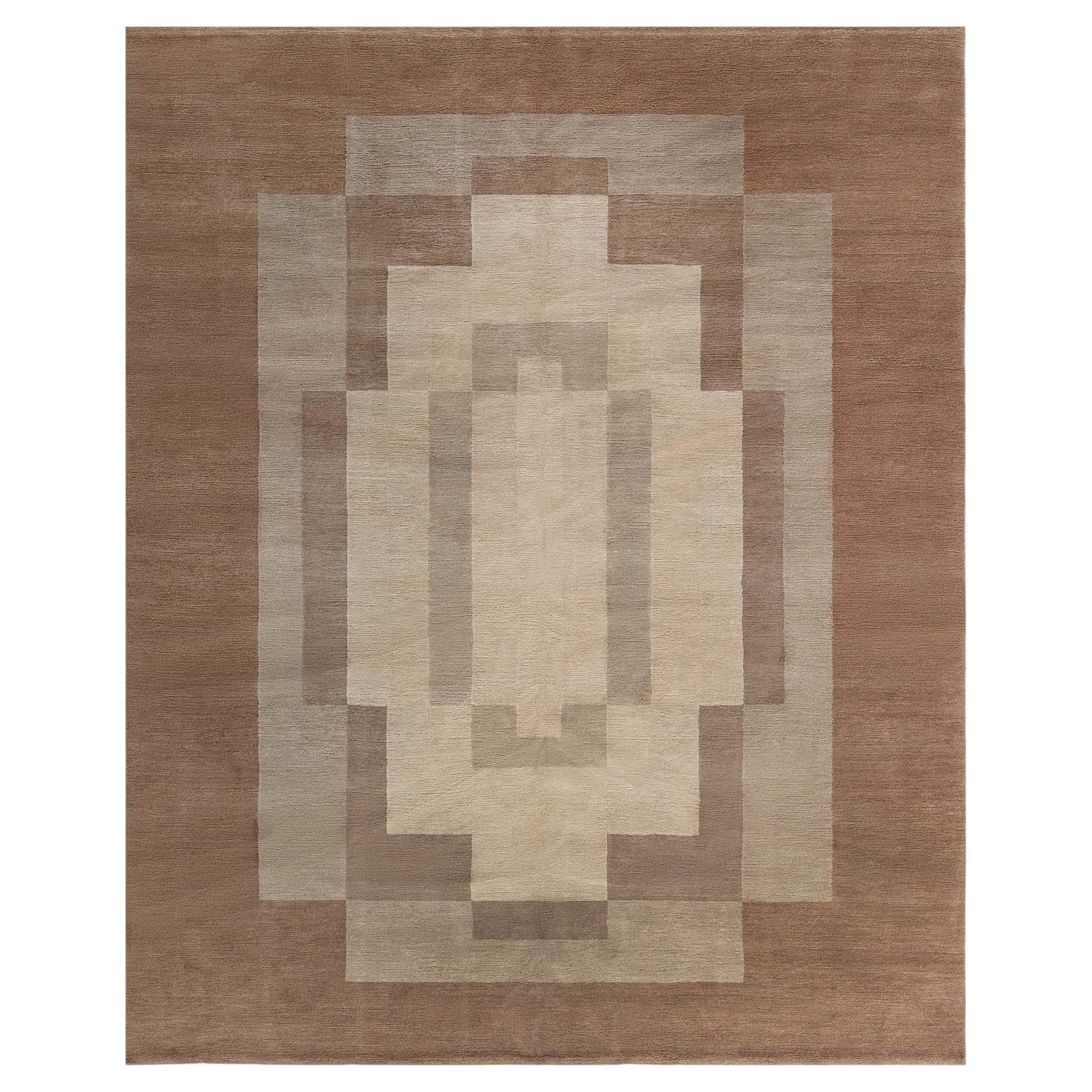 Modern Art Deco Geometric Warm Tan Handmade Rug "Marche" by Doris Leslie Blau
