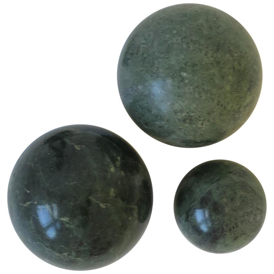 Italian Art Deco Modern Dark Green Marble Sphere's, circa 1970s, Set of 3