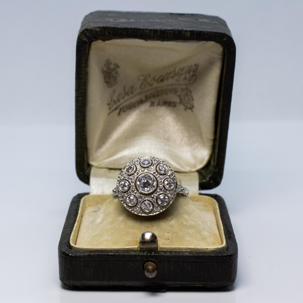 Women's or Men's Modern Art Deco Handmade Platinum 1.30 Carat and Old Mine Cut Diamonds Ring