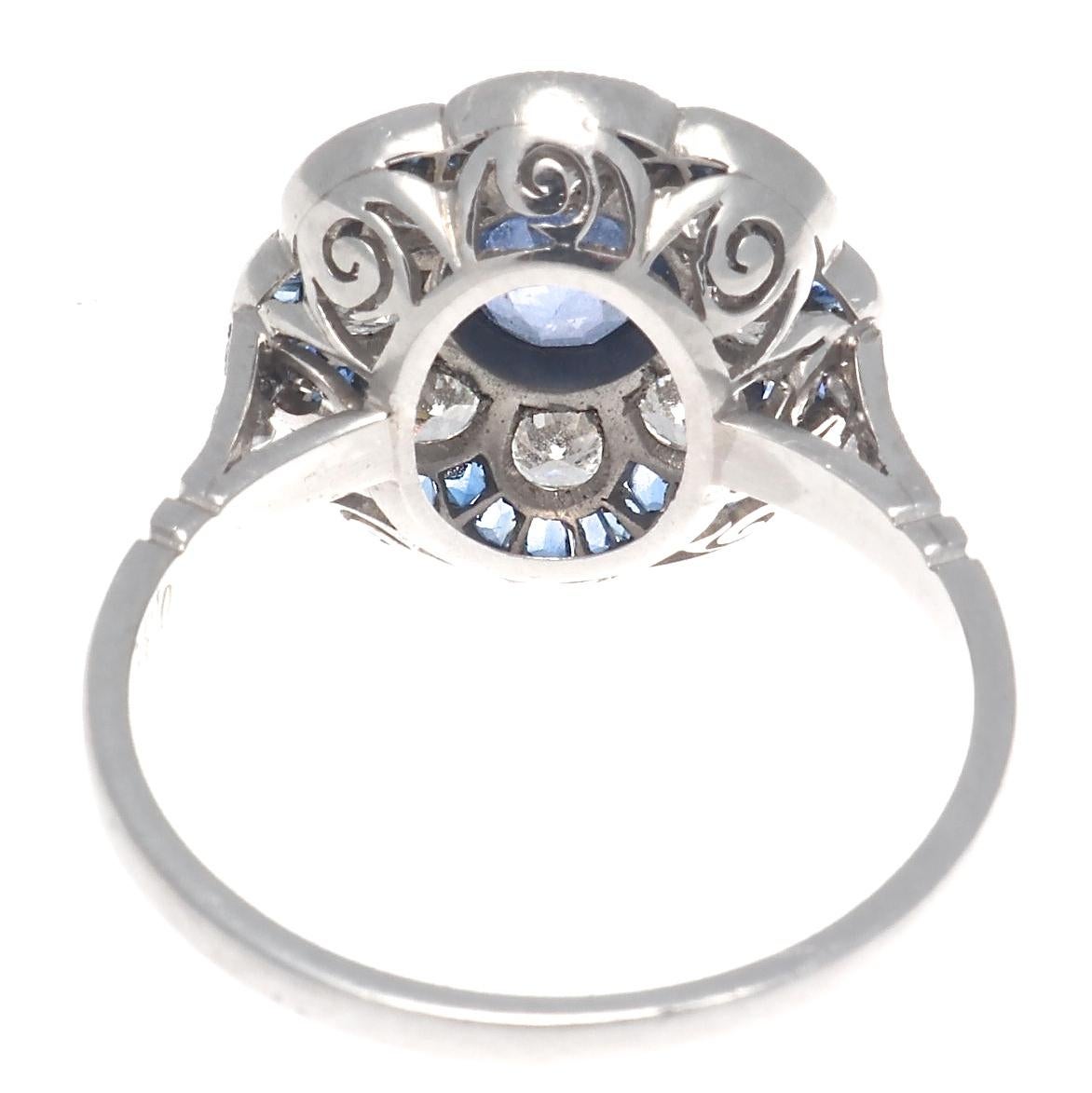 Round Cut Modern Art Deco Inspired 0.86 Ct. Sapphire Diamond Platinum Flower Cluster Ring