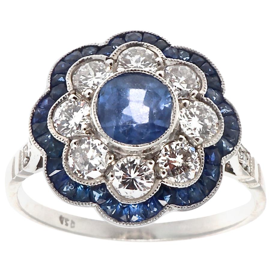 Modern Art Deco Inspired 0.86 Ct. Sapphire Diamond Platinum Flower Cluster Ring