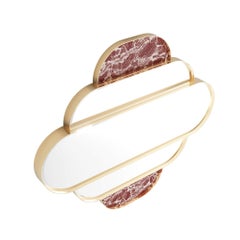 Modern Art Deco Inspired Wall Mirror Gold Polished Brass & Red Marble Details