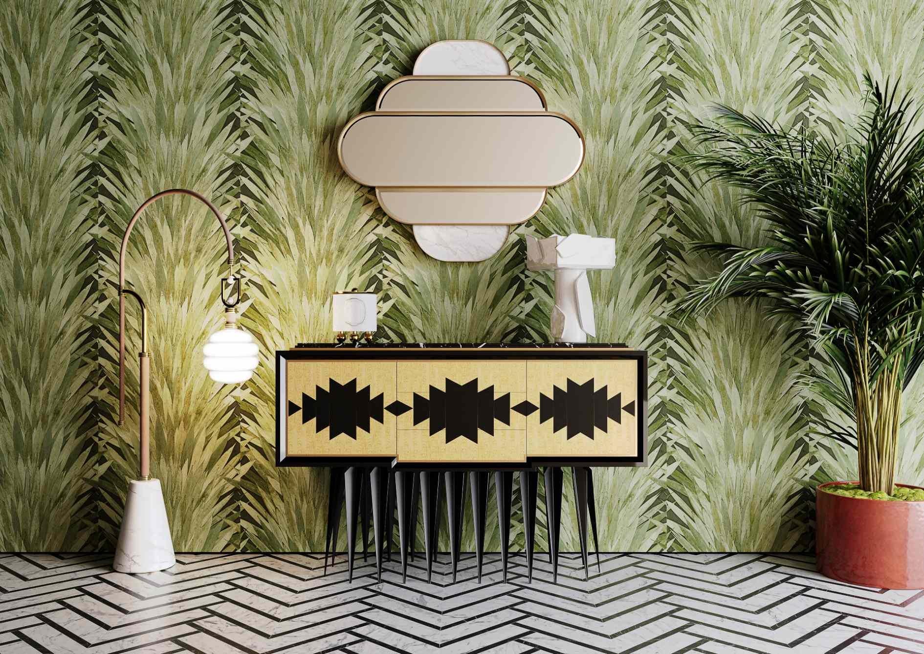 Contemporary Modern Art Deco Inspired Wall Mirror Gold Polished Brass & Red Marble Details For Sale