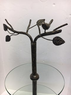 Modern Art Deco Metal Tree Round Two-Tiered Glass Side Table