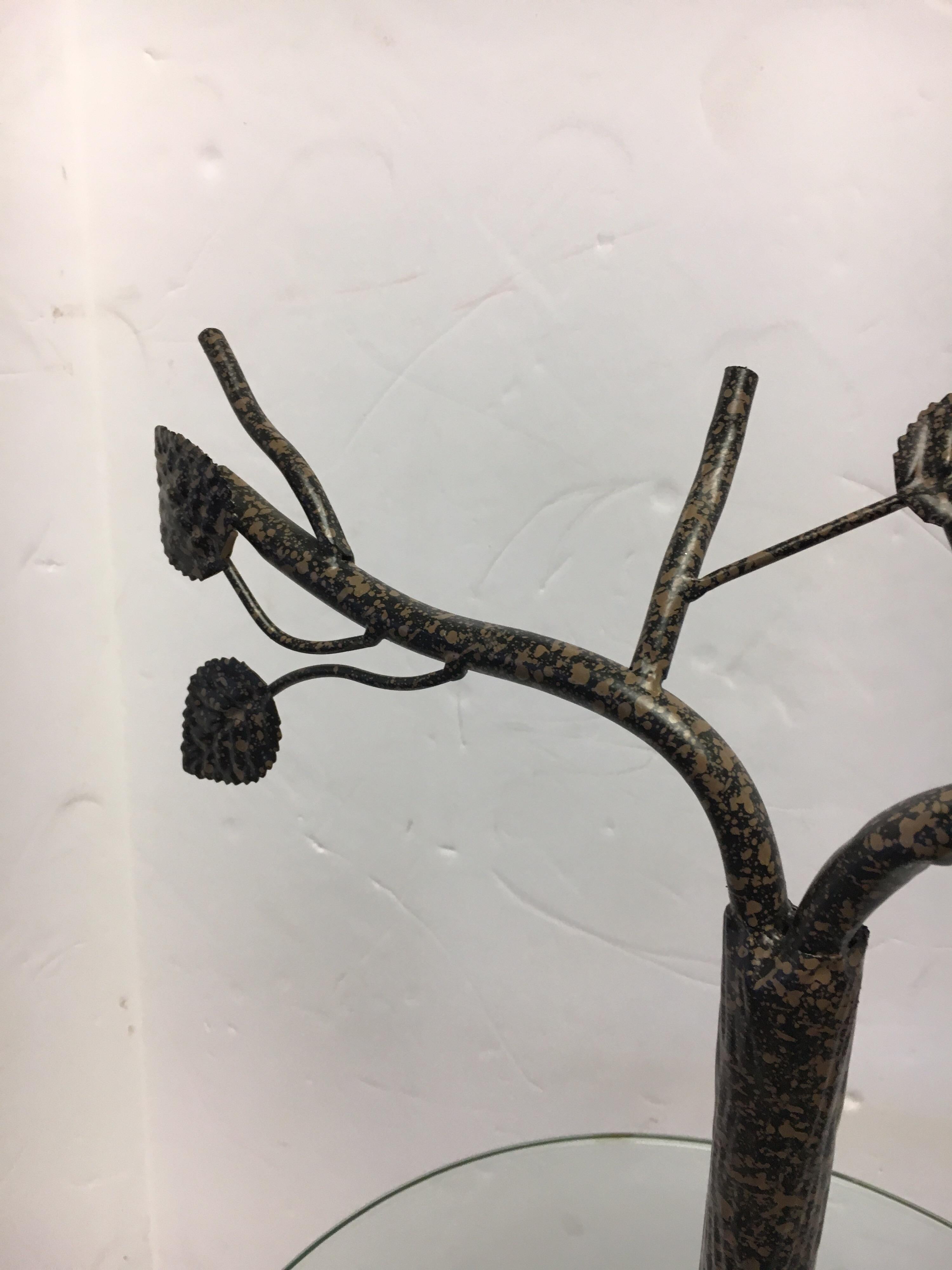 Modern Art Deco Metal Tree Round Two-Tiered Glass Side Table In Good Condition In West Hartford, CT