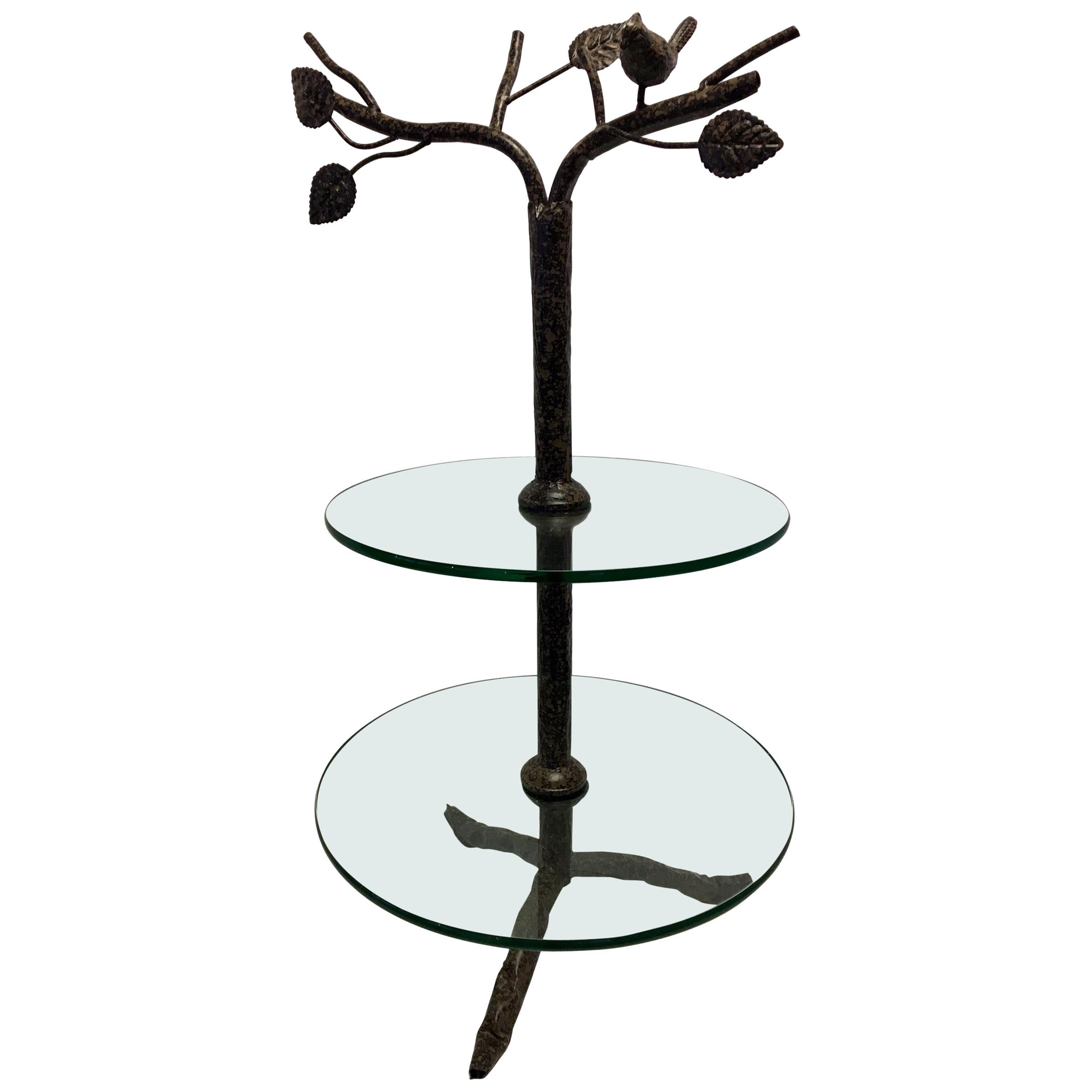 Modern Art Deco Metal Tree Round Two-Tiered Glass Side Table