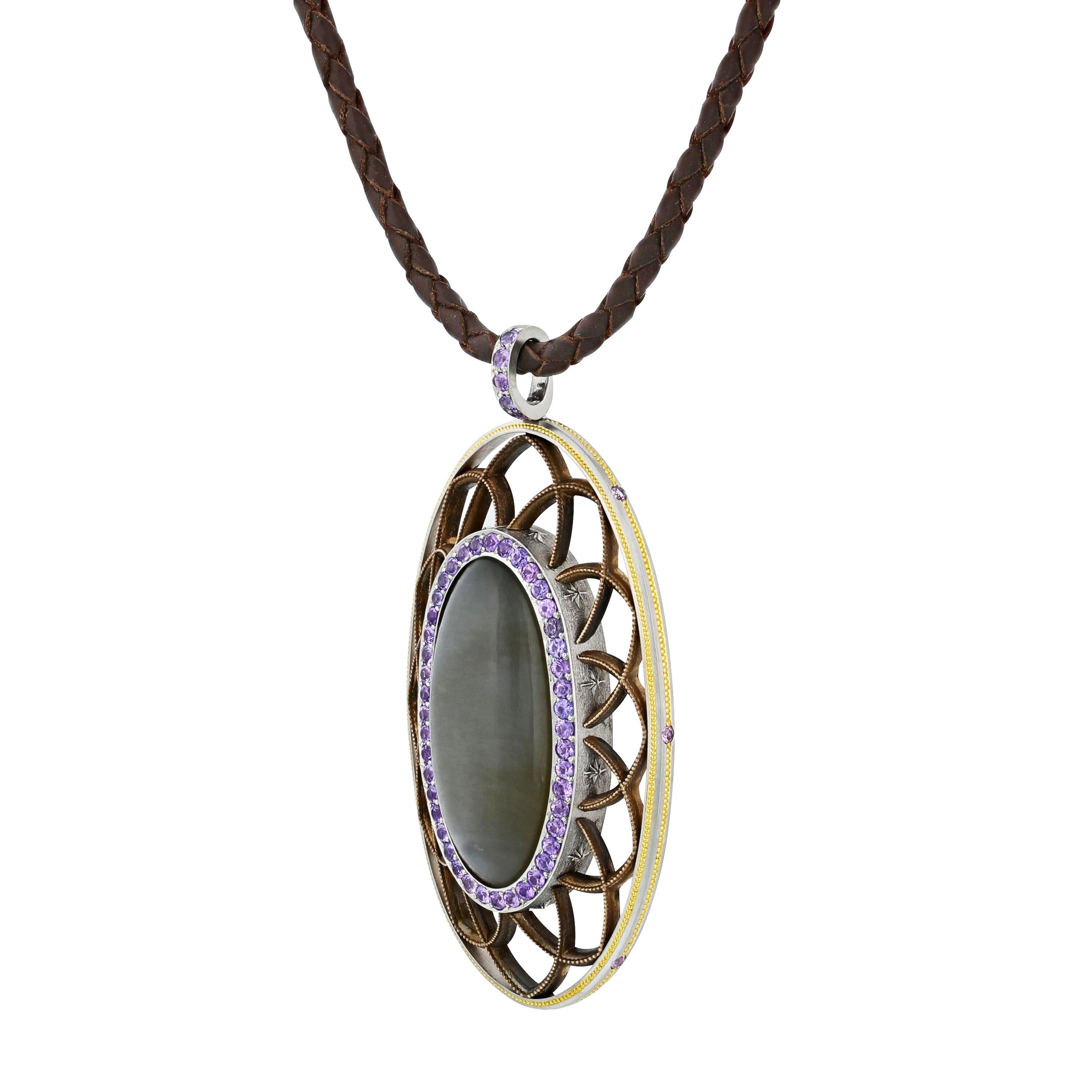 Modern Art Deco Moonstone and Sapphire Pendant In New Condition For Sale In Austin, TX
