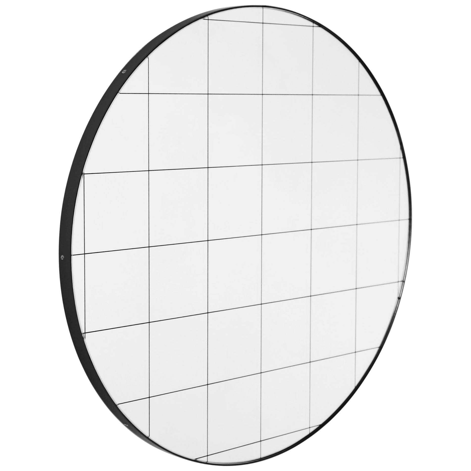 Orbis Black Grid Round Contemporary Sandblasted Mirror with Black Frame, XL