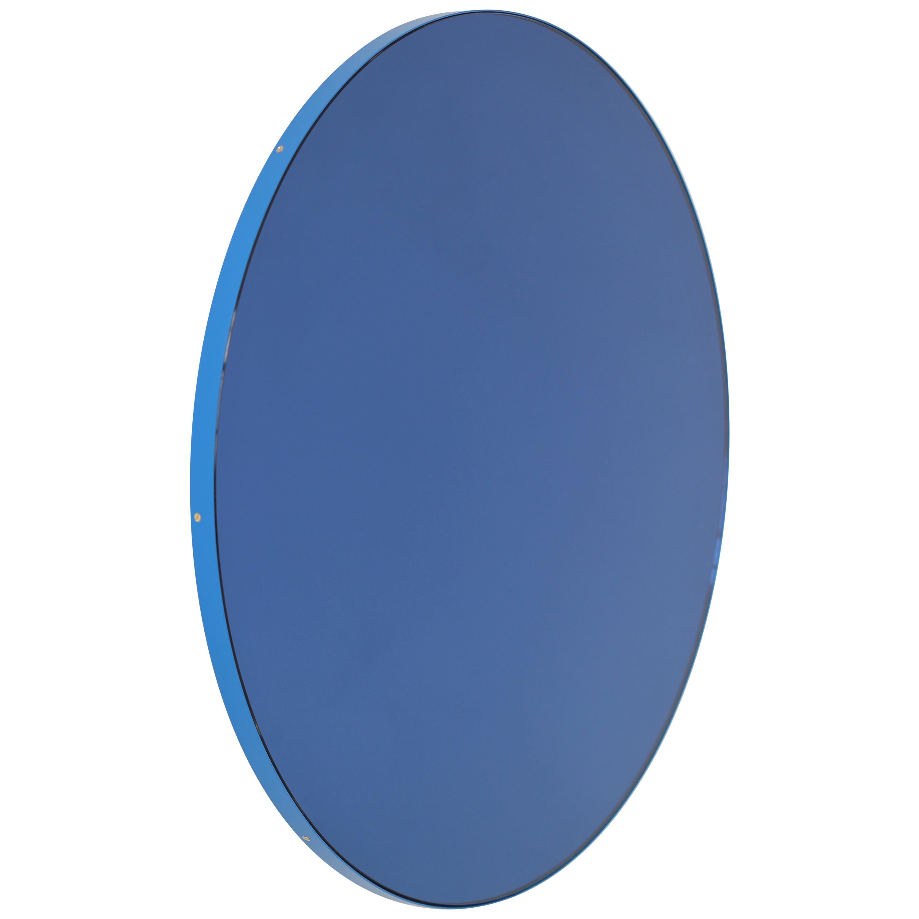 Orbis Blue Tinted Circular Mirror with a Contemporary Blue Frame, XL
