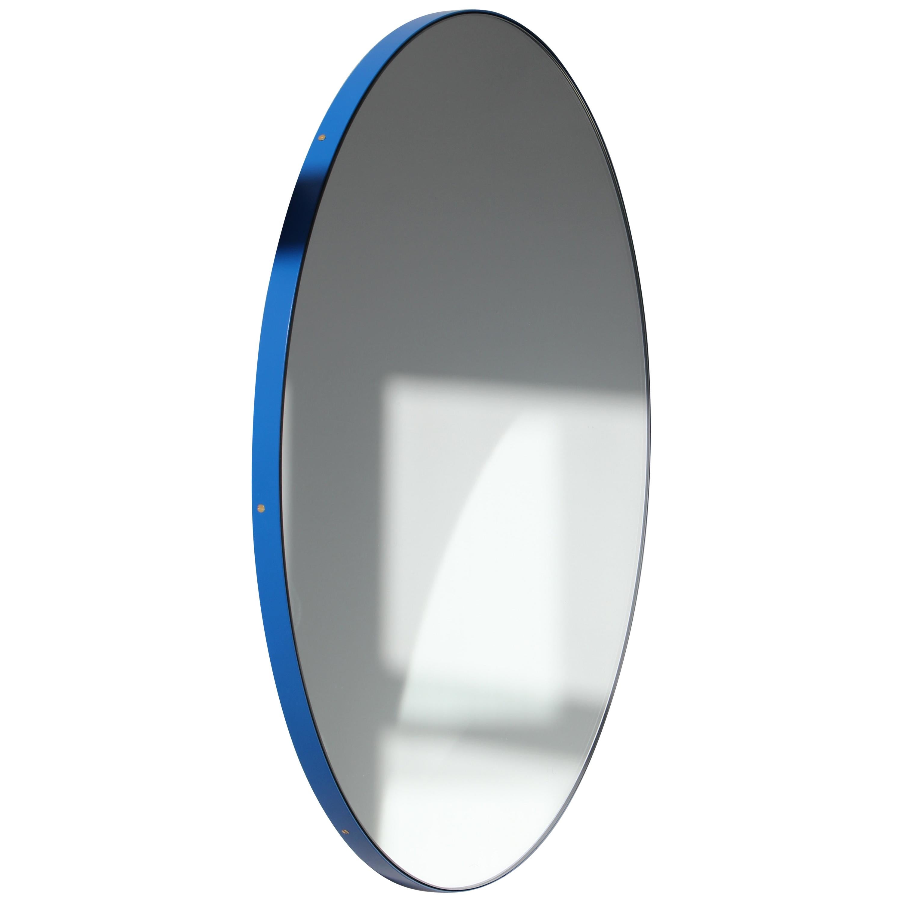 Orbis Round Modern Mirror with Blue Frame, Large For Sale at 1stDibs