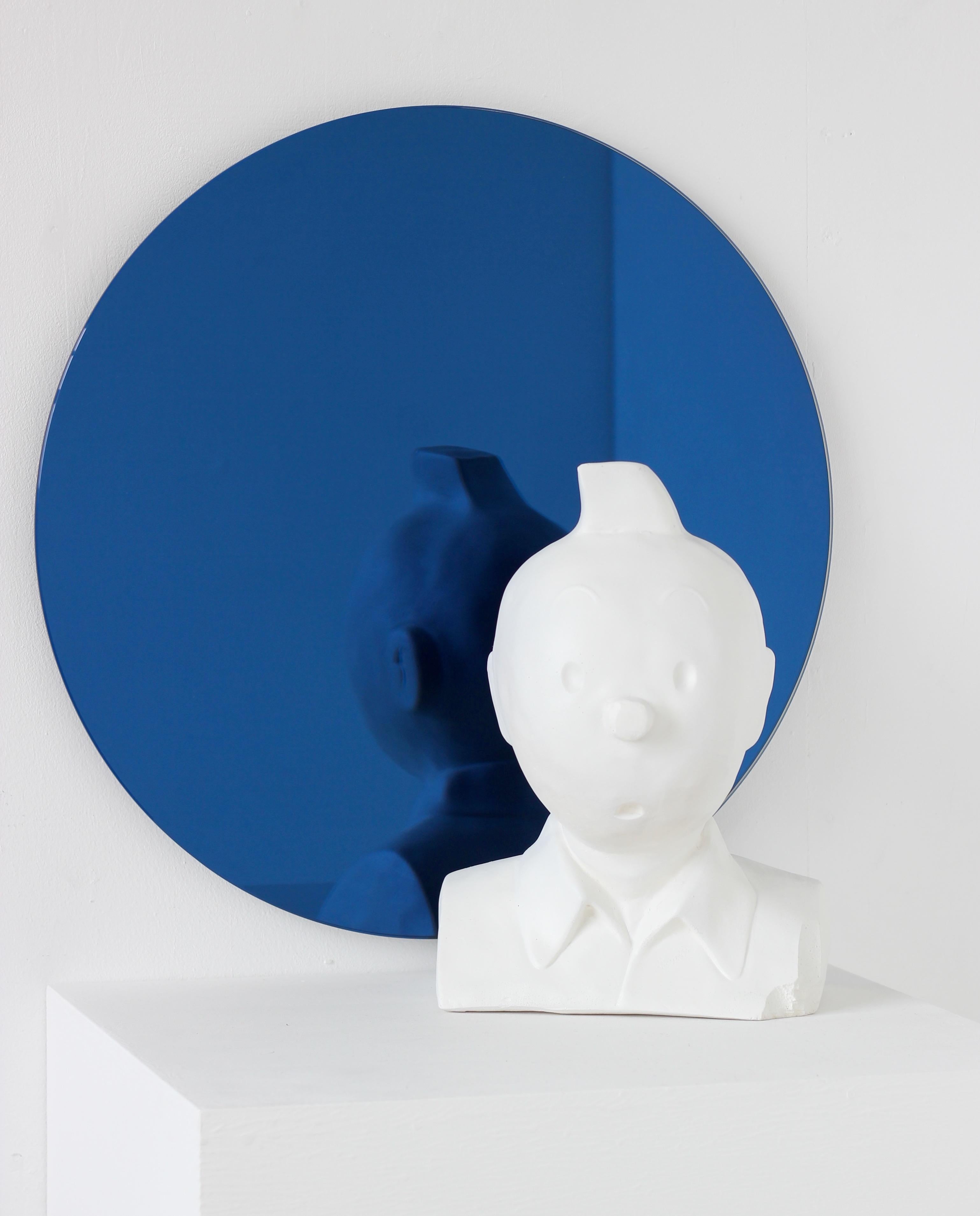 Orbis Blue Tinted Round Minimalist Frameless Mirror, Customisable, XL For Sale 1