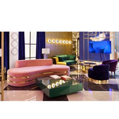 Organic Modern Art Deco Pink Velvet and Brass Curved Tokyo Sofa Handcrafted