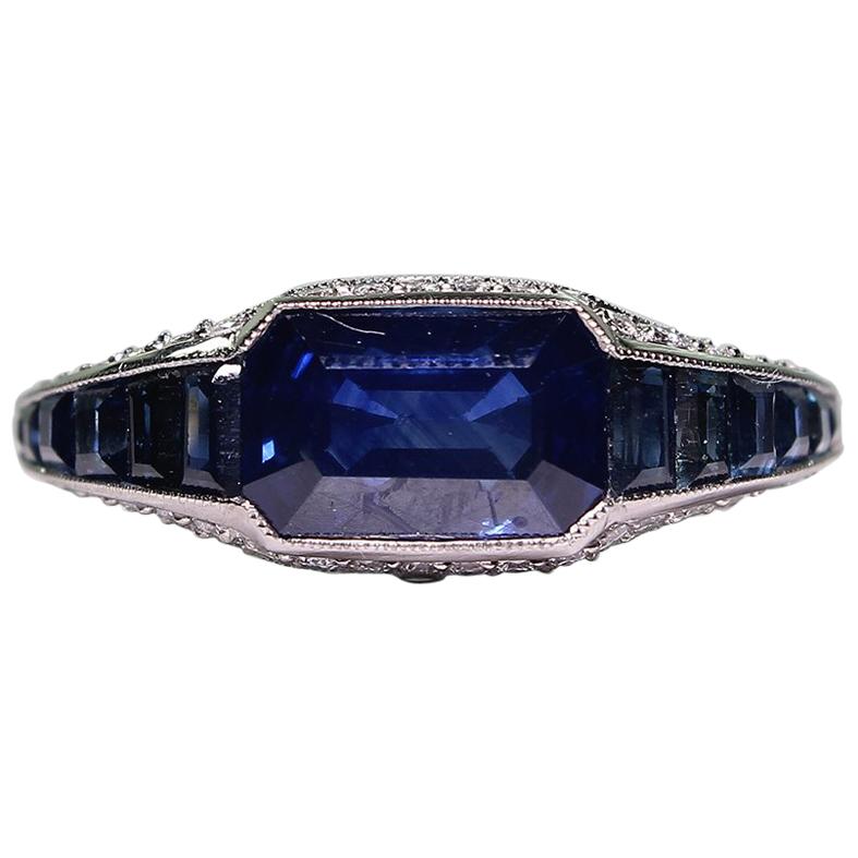 Modern Art Deco Platinum 5.9 Carat Sapphire ‘GIA Certified’ and Diamond Ring