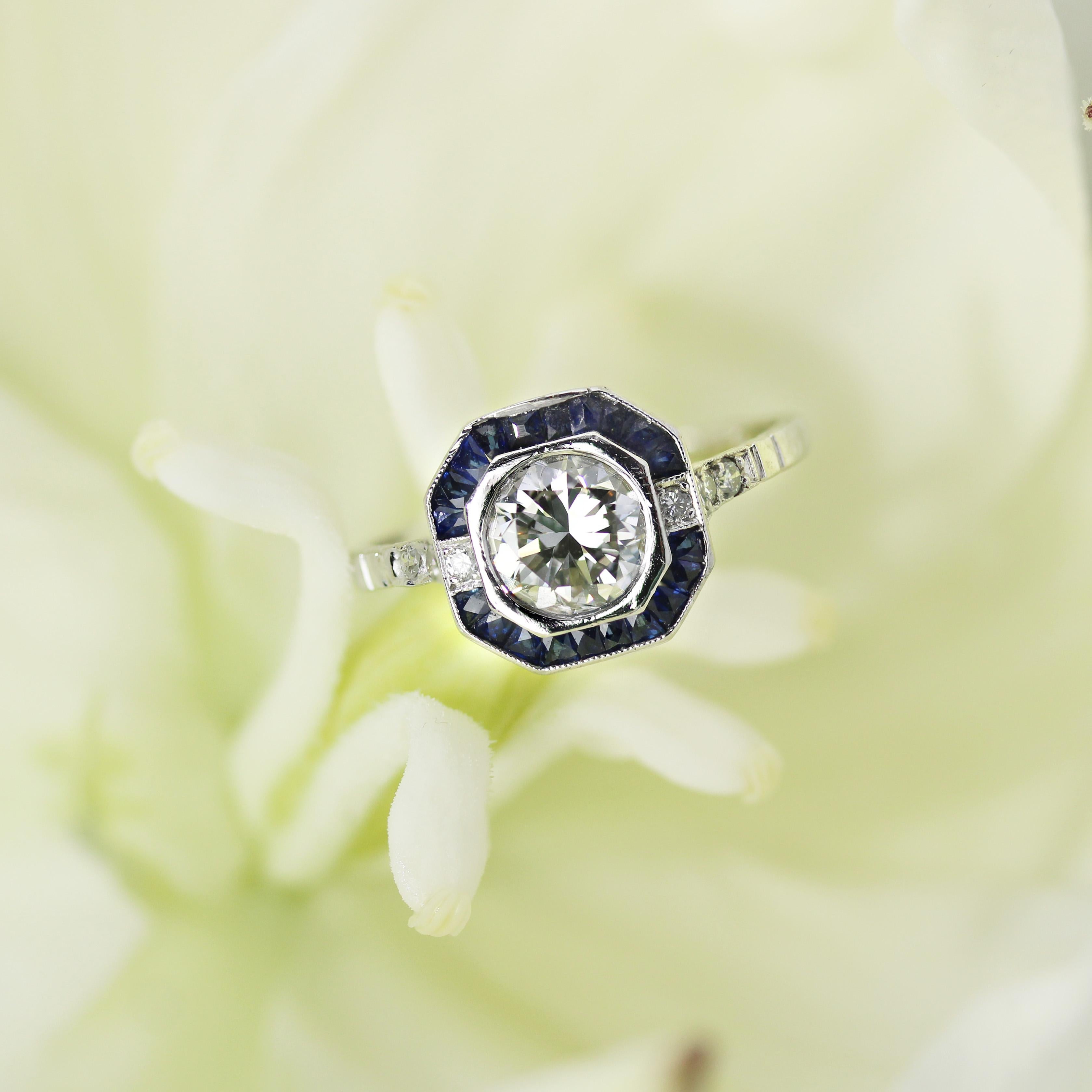 Round Cut Modern Art Deco Sapphires Diamonds Platinum Ring For Sale