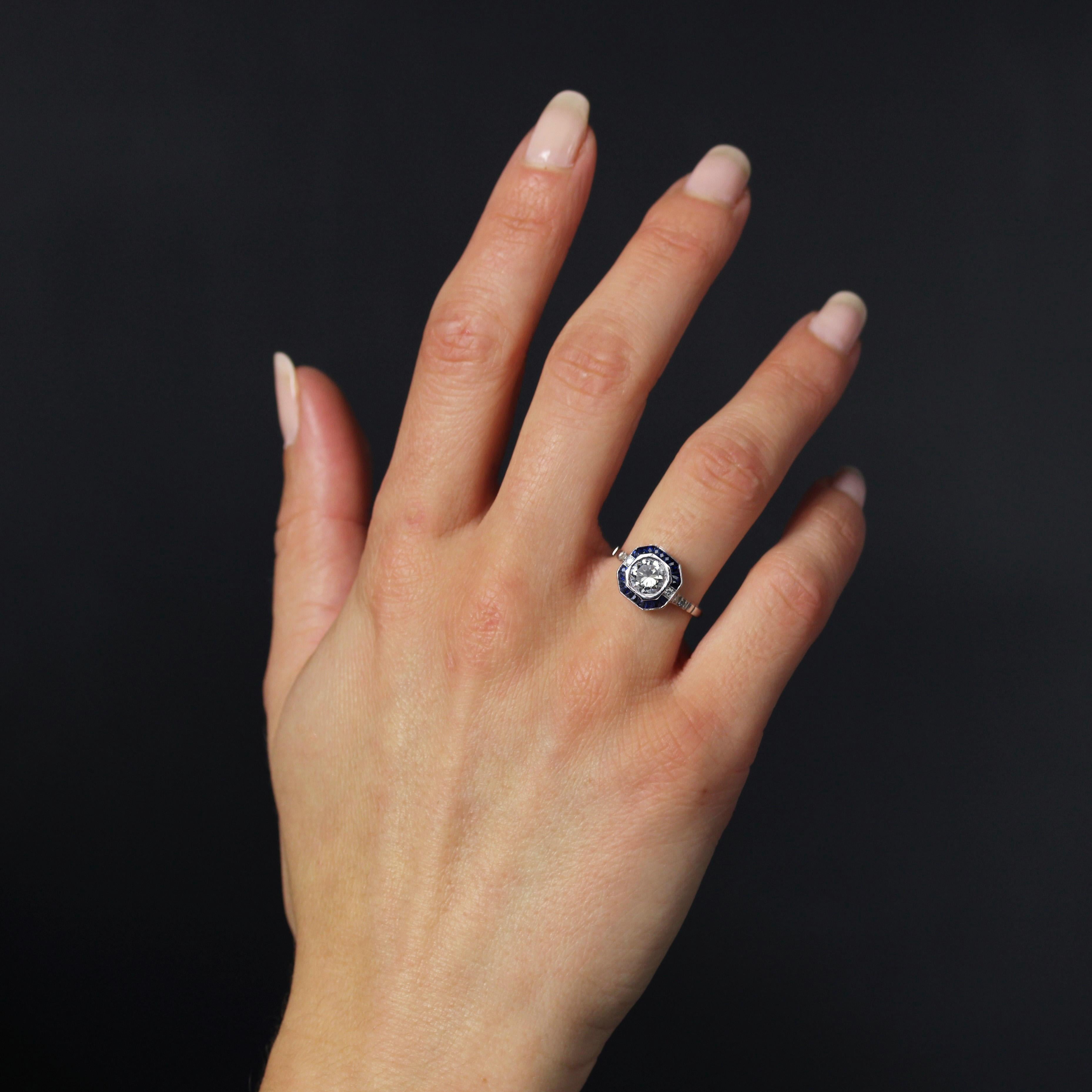 Modern Art Deco Sapphires Diamonds Platinum Ring In Good Condition For Sale In Poitiers, FR