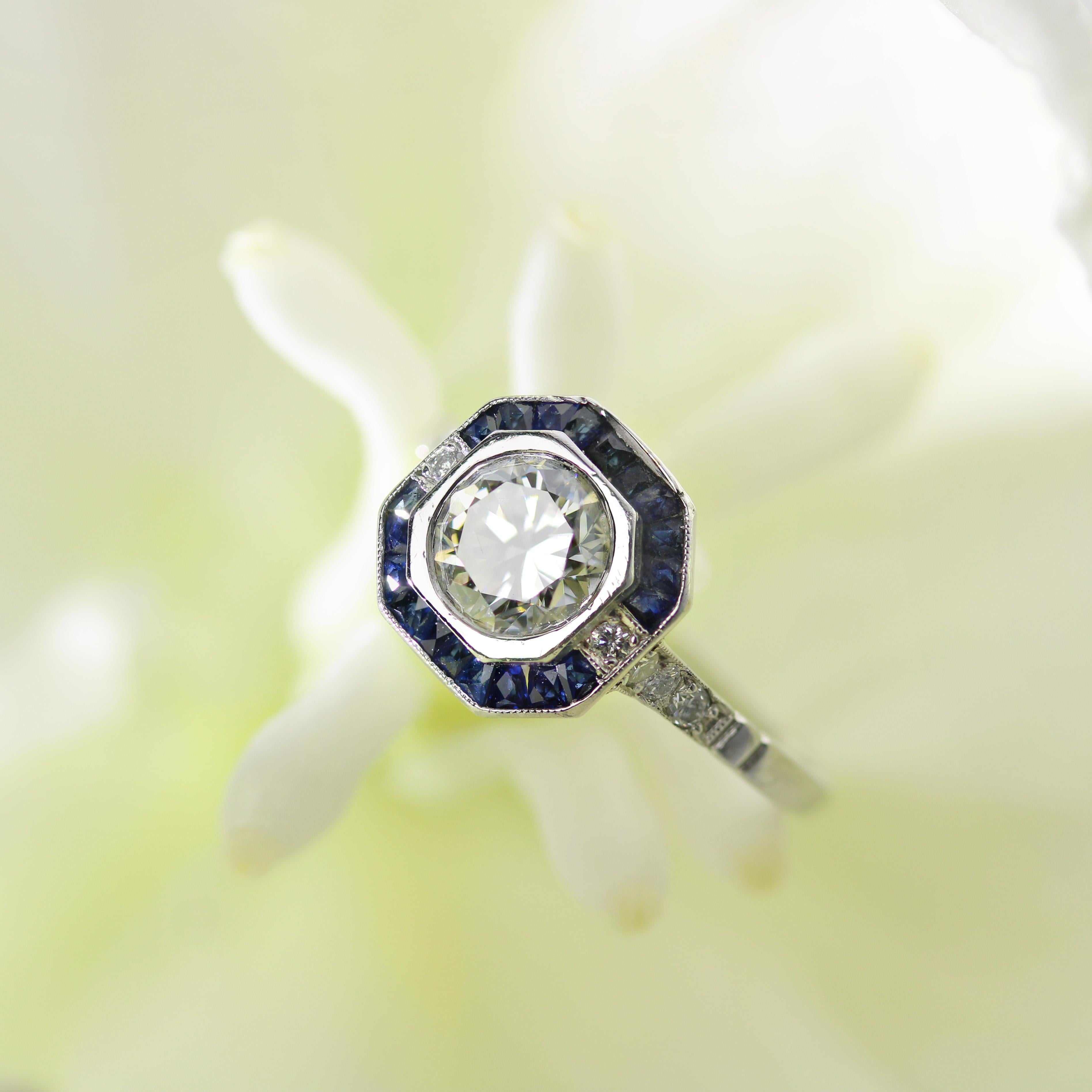 Modern Art Deco Sapphires Diamonds Platinum Ring For Sale 4