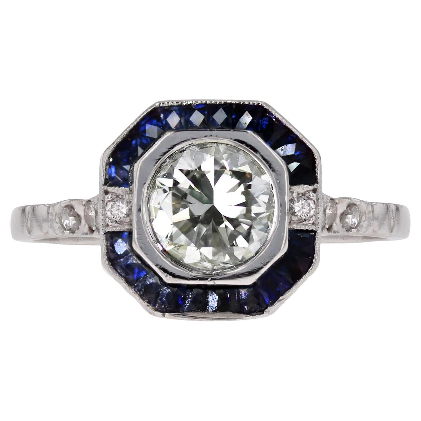 Modern Art Deco Sapphires Diamonds Platinum Ring