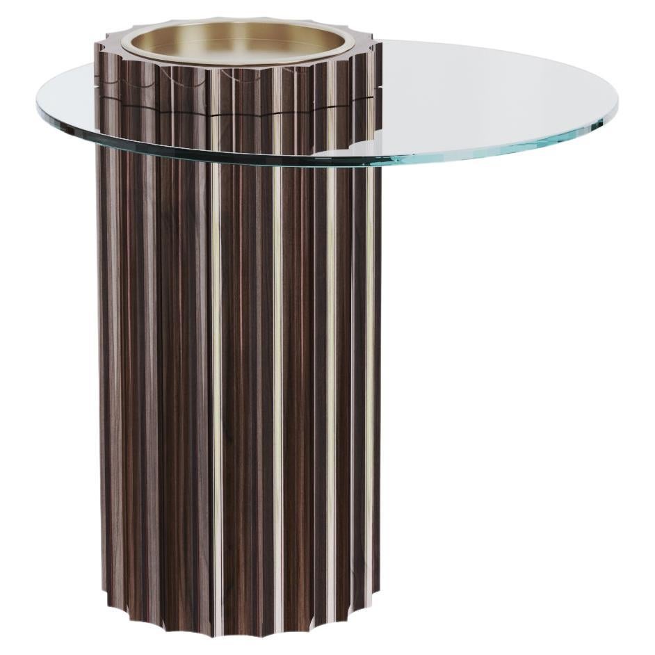 Modern Art Deco Side Table in Lacquered Dark Wood with Glass Top Ø 52cm