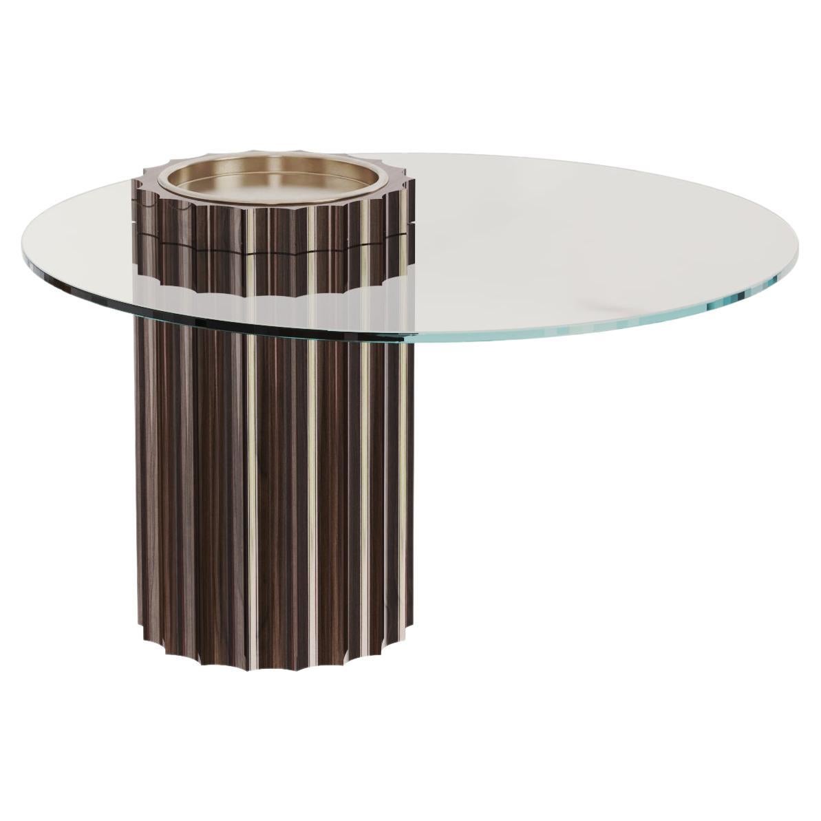 Modern Art Deco Side Table in Lacquered Dark Wood with Glass Top Ø 70cm