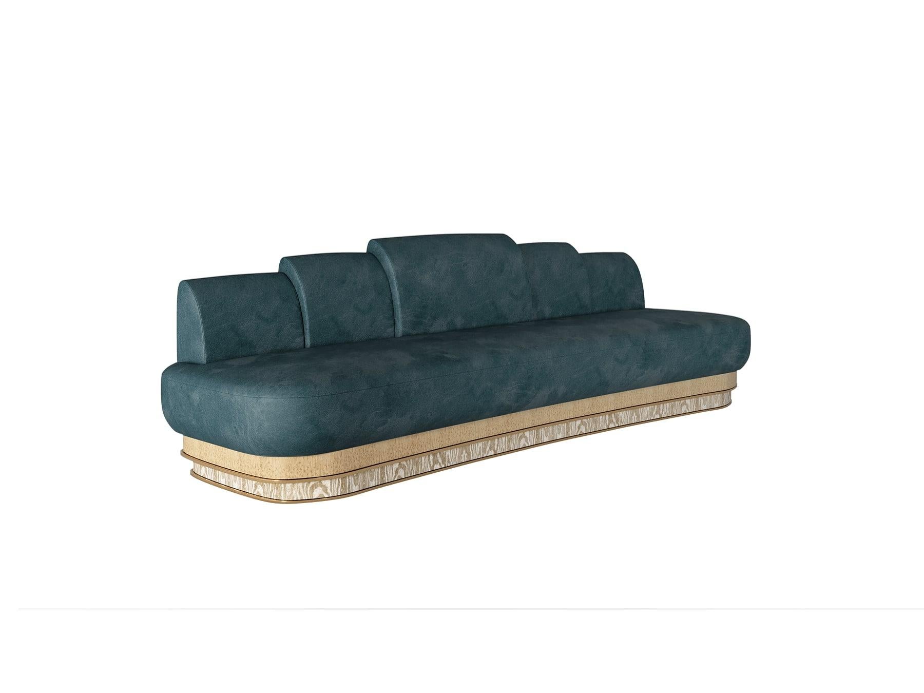 Contemporary Modern Curved-Shape Sofa Velvet Upholstery, Wood Base & Polished Brass Detail For Sale