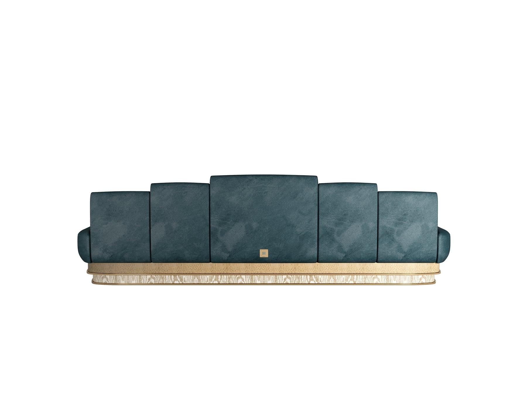 Modern Curved-Shape Sofa Velvet Upholstery, Wood Base & Polished Brass Detail For Sale 1