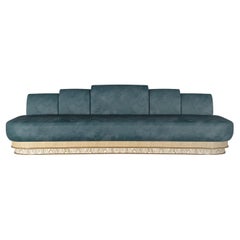Modern Sofa Curved Shape Upholstered in Blue Leather Wood Base