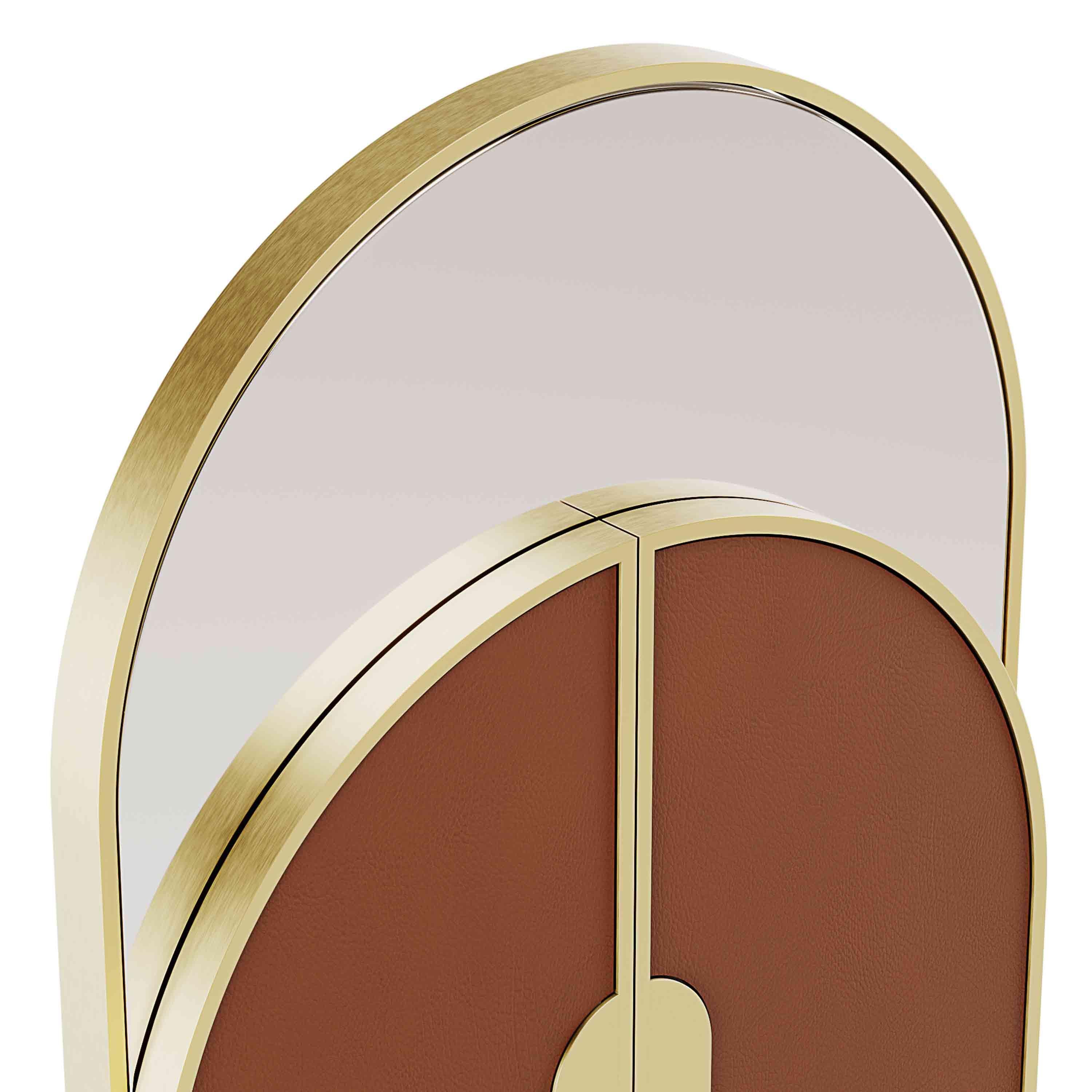 Modern Art Deco Style Standing Floor Mirror With Leather Folding Panel & Brushed Brass For Sale