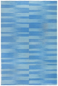 Modern Art Deco Stripes Blue Flatweave Oversized Rug "Skyline"