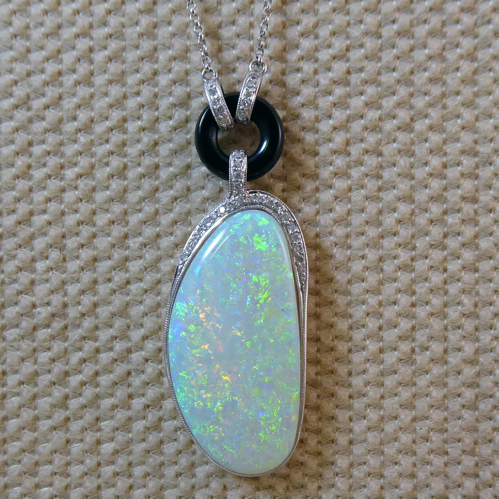 Modern Art Deco Style 12.25 Carat Harlequin Opal and Diamond Pendant, Handmade In New Condition In Yorkshire, West Yorkshire
