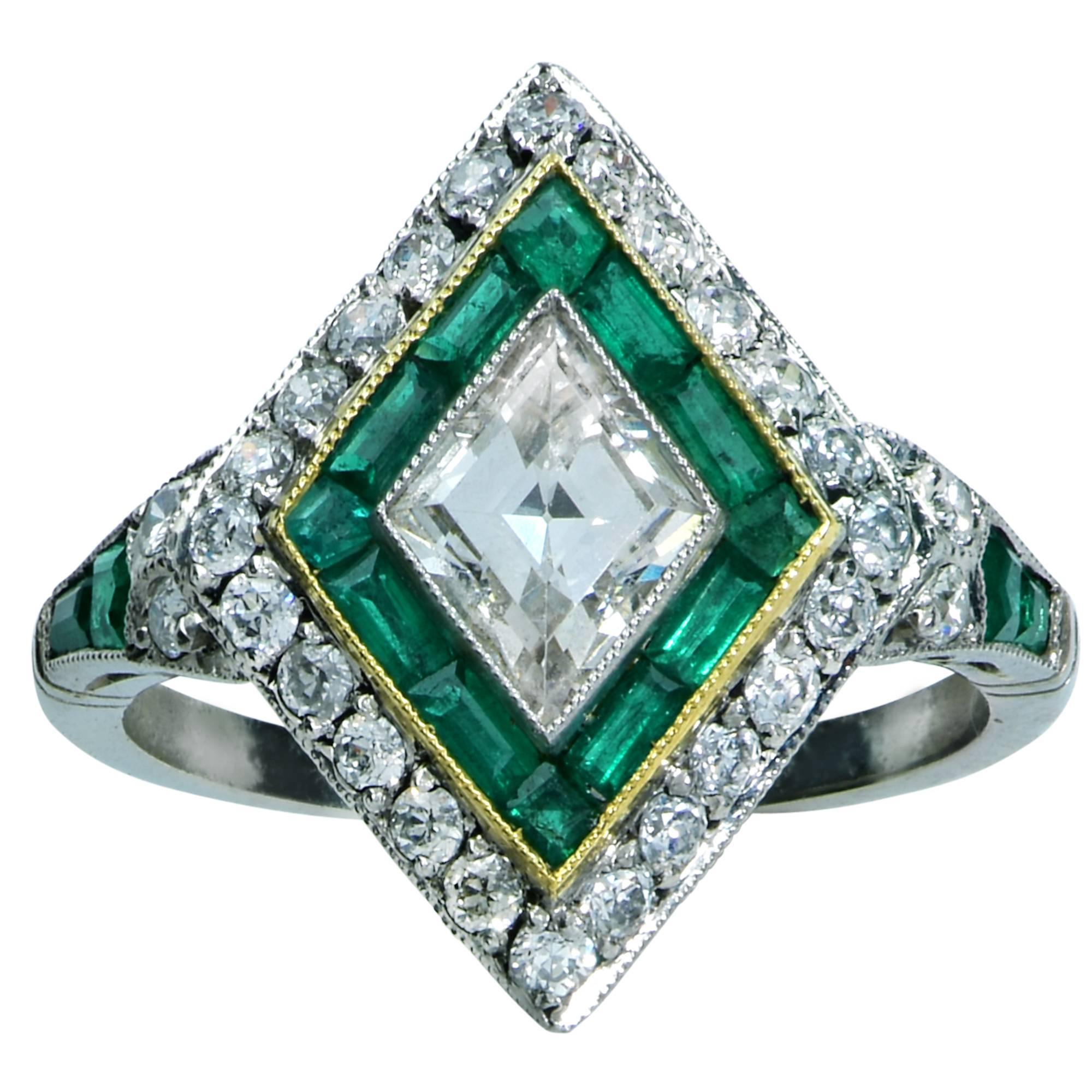 Old European Cut Modern Art Deco Style 1.35 Carat Diamond and Emerald Ring