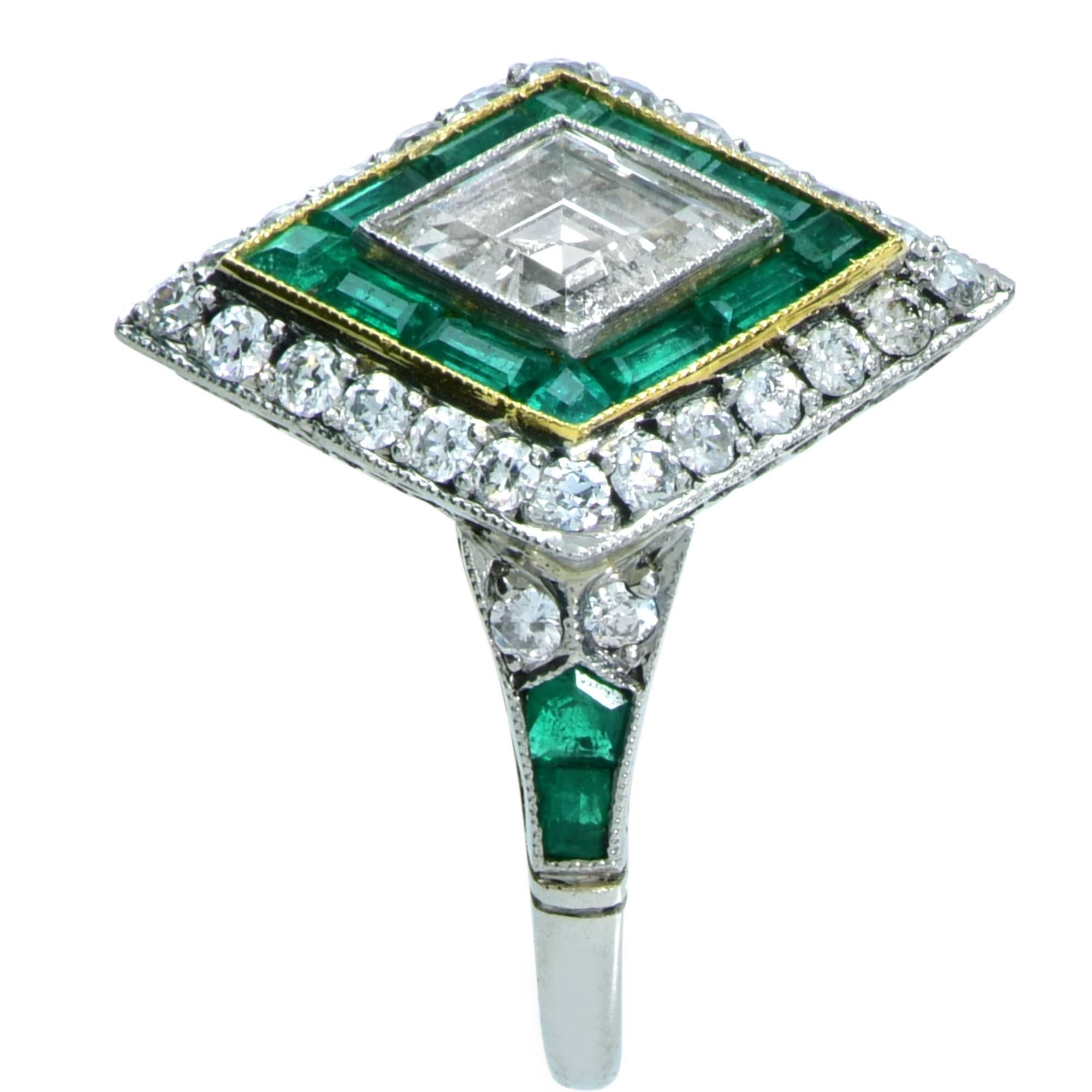 Modern Art Deco Style 1.35 Carat Diamond and Emerald Ring In Excellent Condition In Miami, FL