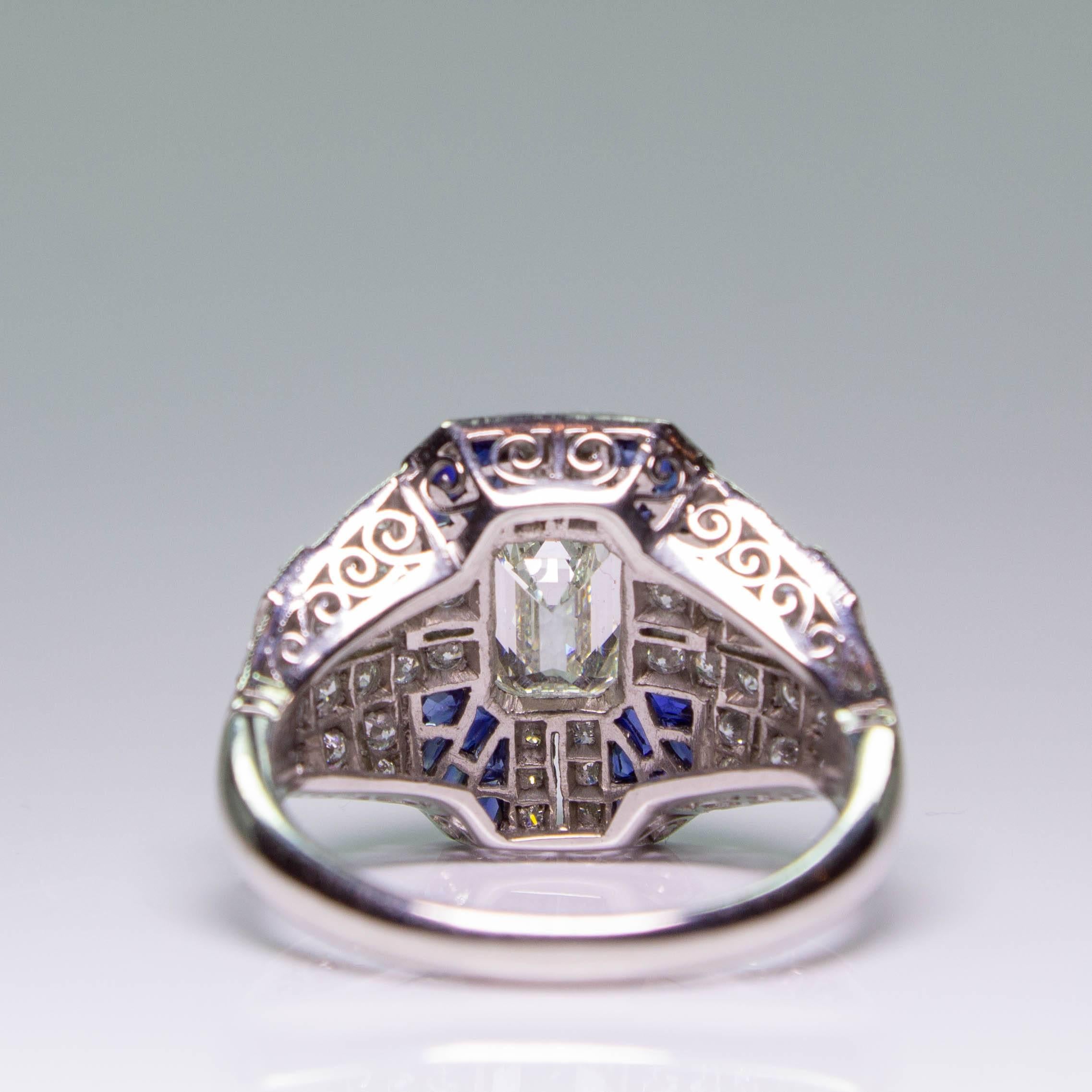 Emerald Cut Modern Art Deco Style  1.61 Carat Diamond and Sapphire Ring