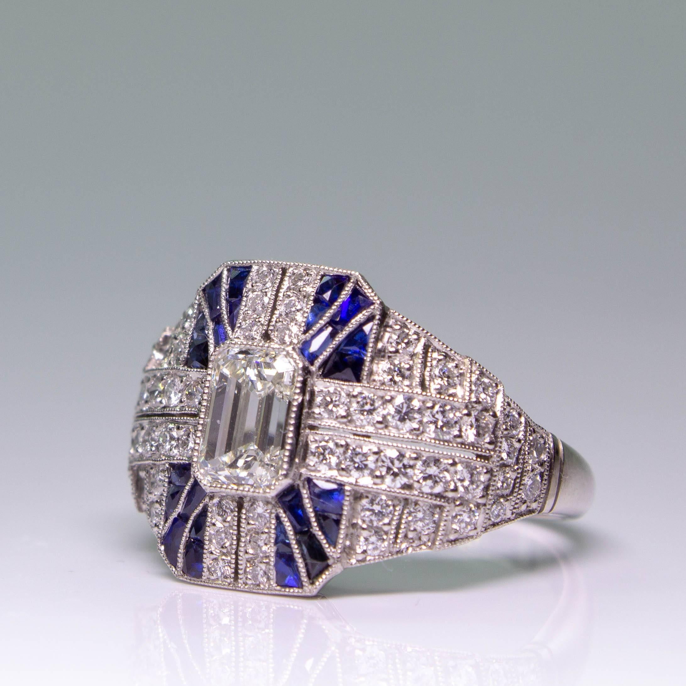 Modern Art Deco Style  1.61 Carat Diamond and Sapphire Ring In Excellent Condition In Miami, FL