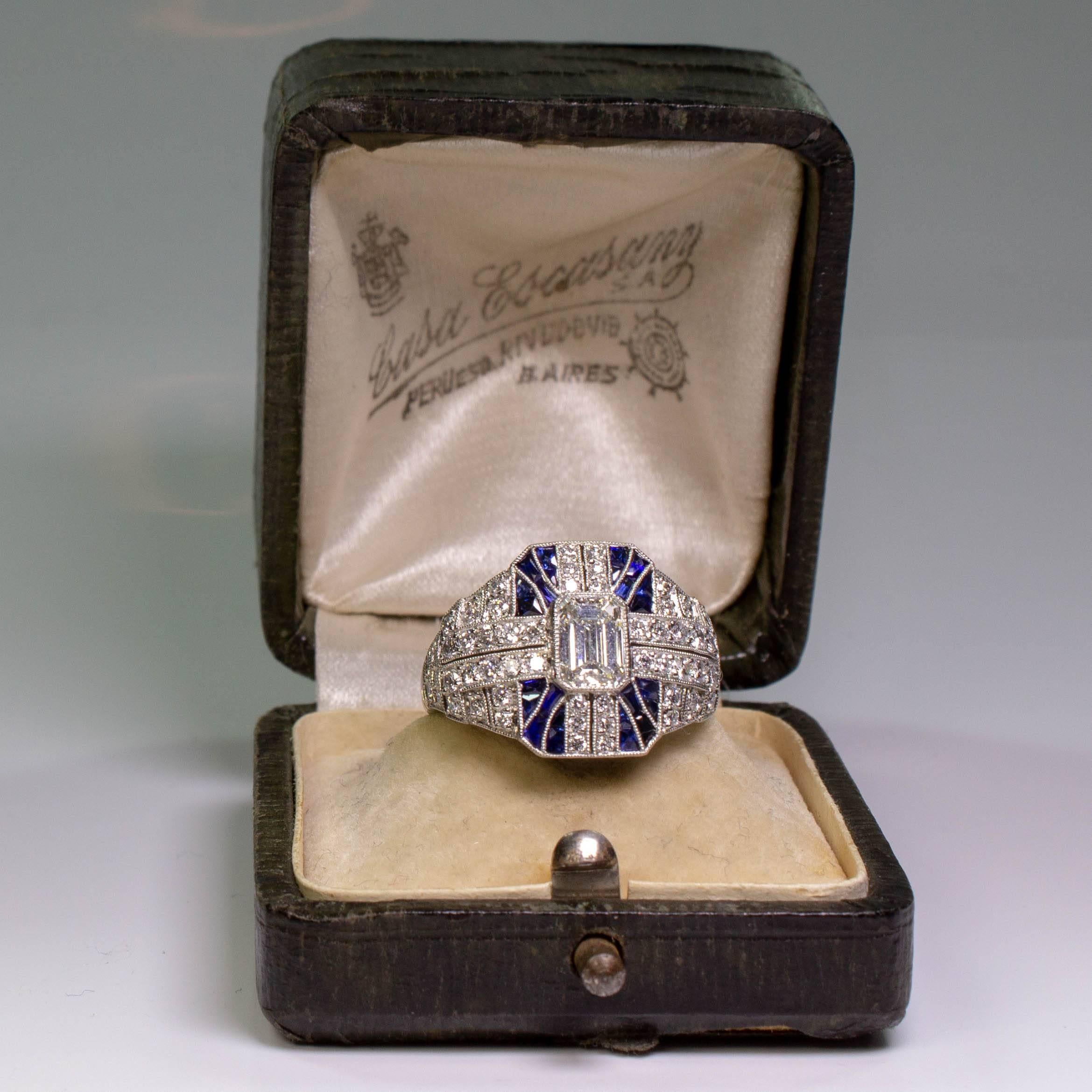 Women's or Men's Modern Art Deco Style  1.61 Carat Diamond and Sapphire Ring