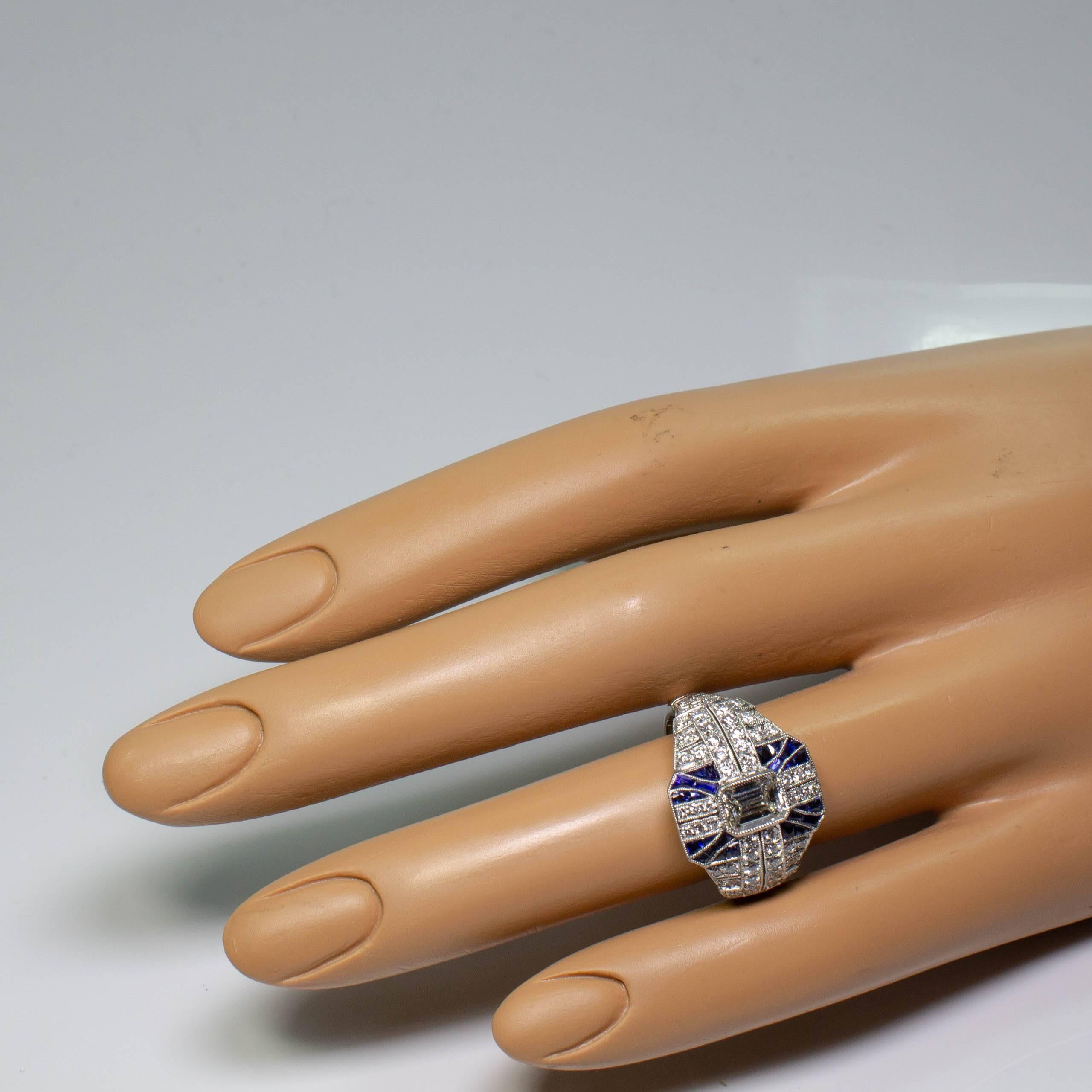 Modern Art Deco Style  1.61 Carat Diamond and Sapphire Ring 1