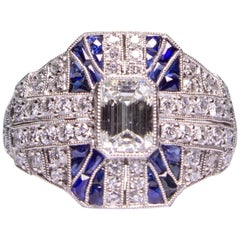 Modern Art Deco Style  1.61 Carat Diamond and Sapphire Ring
