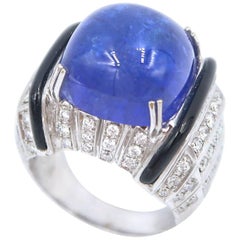 Modern Art Deco Style 18.85 Carat Cabochon Tanzanite Onyx Diamond Gold Ring