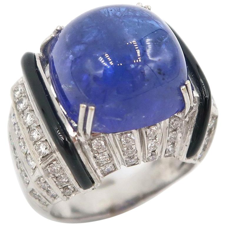 Modern Art Deco Style 18.85 Carat Cabochon Tanzanite Onyx Diamond Gold Ring