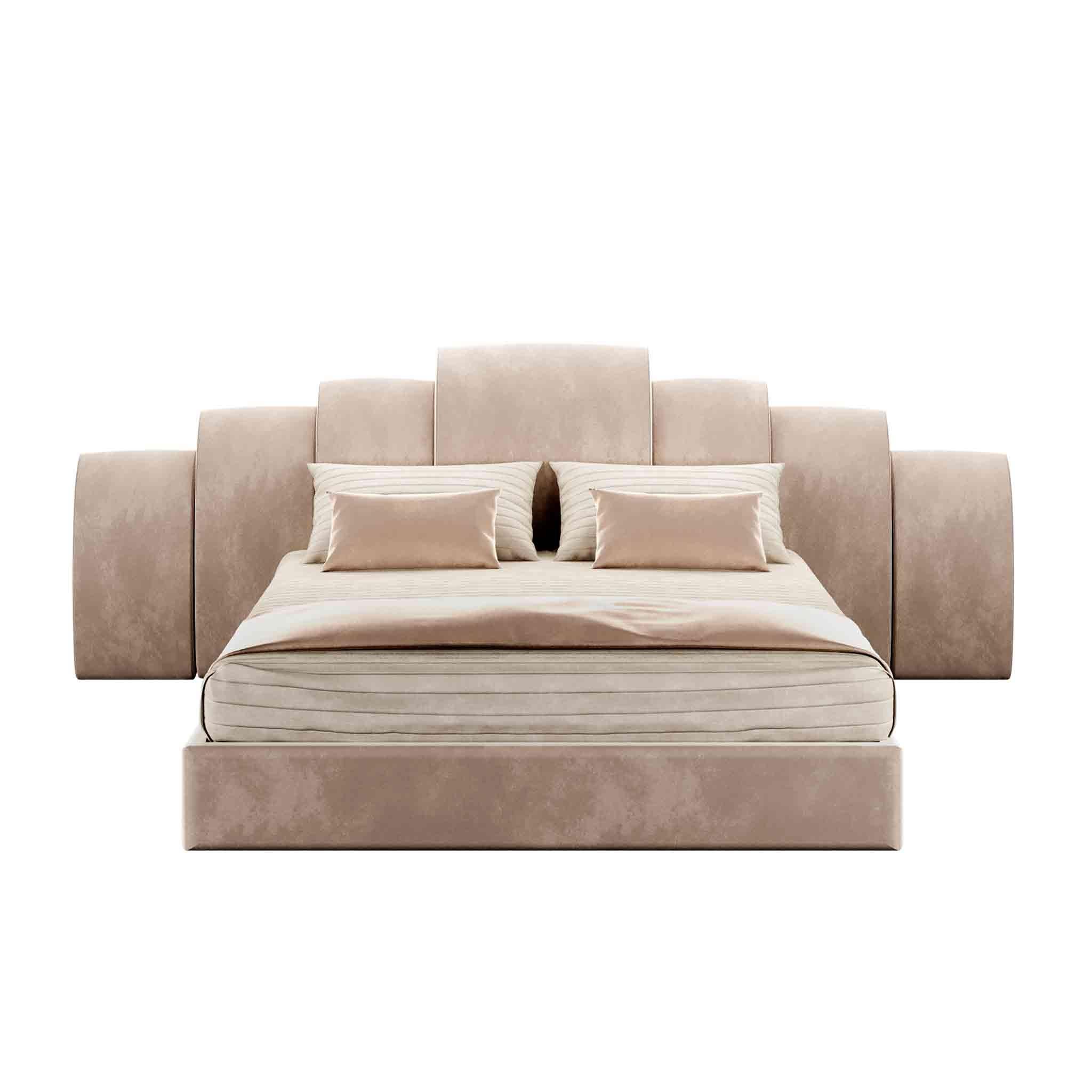 Kara Bed ist ein luxuriöses Designerstück, das auf der Suche nach Schlichtheit alle überflüssigen Dekorationen entfernt. Ein modernes, mit Samt gepolstertes Bett,  ist die beste Wahl für die Gestaltung eines modernen Schlafzimmerprojekts.
Das
