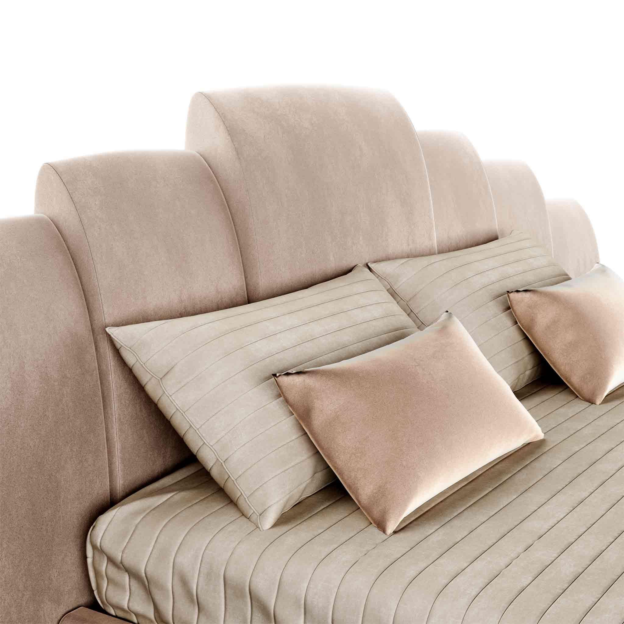 Modernes Bett im Art-Déco-Stil, rosa Veltet-Polsterung, Kopfteil und Holzstruktur (Art déco) im Angebot