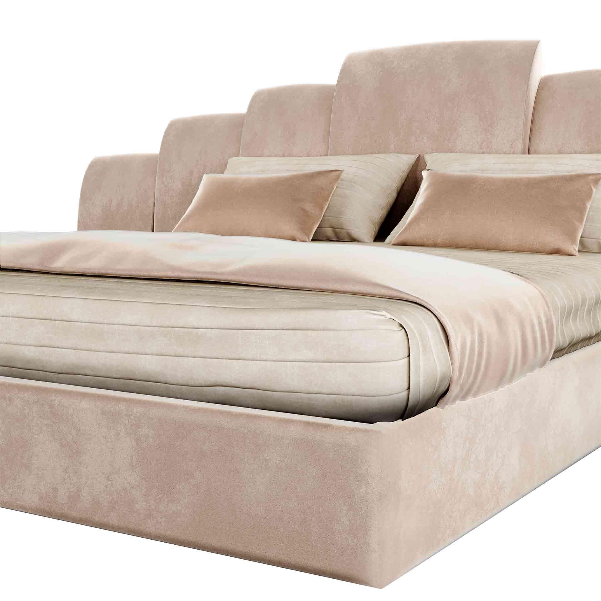 Modernes Bett im Art-Déco-Stil, rosa Veltet-Polsterung, Kopfteil und Holzstruktur (Portugiesisch) im Angebot