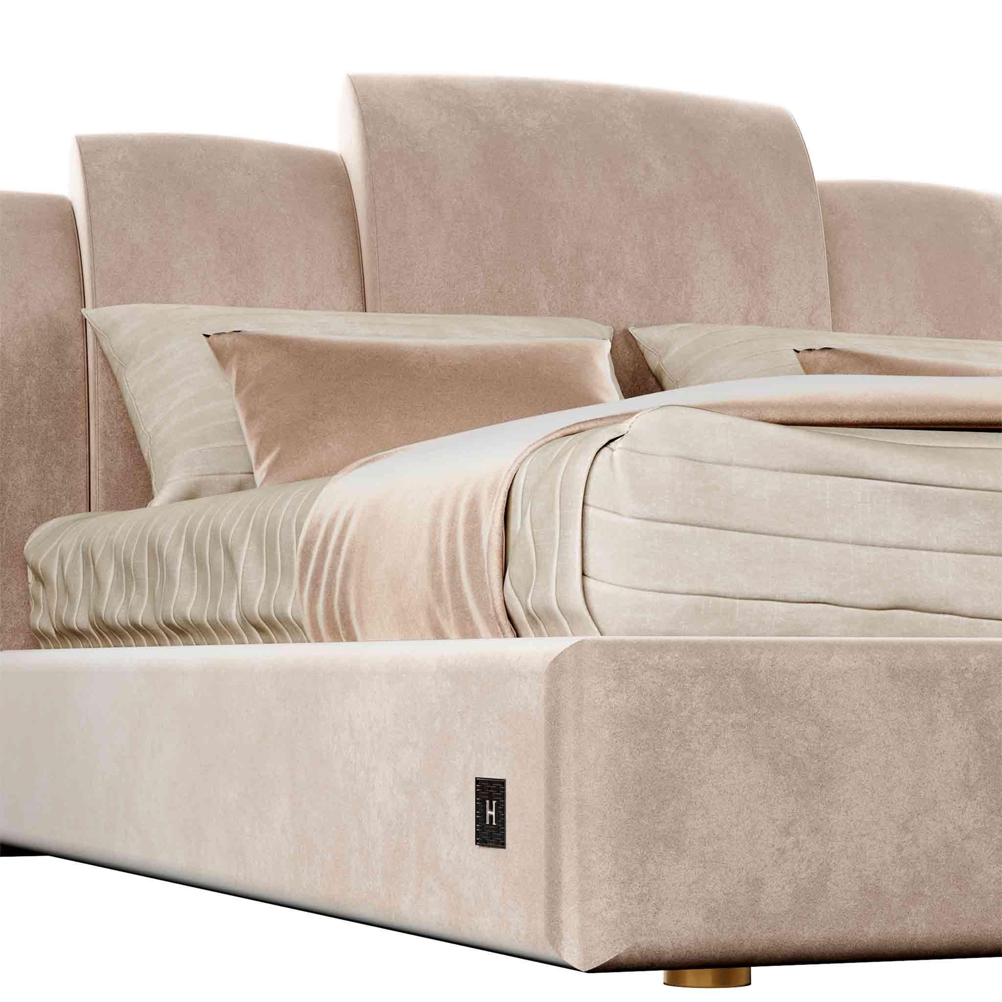 Modernes Bett im Art-Déco-Stil, rosa Veltet-Polsterung, Kopfteil und Holzstruktur (Handgefertigt) im Angebot
