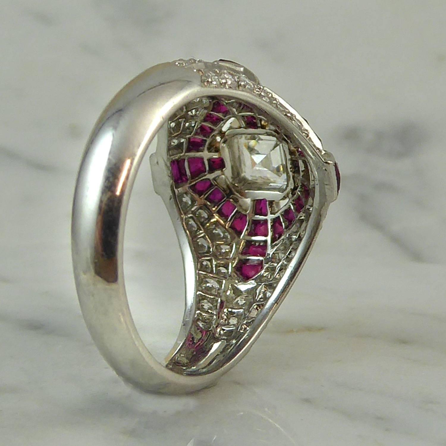 Modern Art Deco Style Diamond and Ruby Cocktail Ring, circa 1930s 5