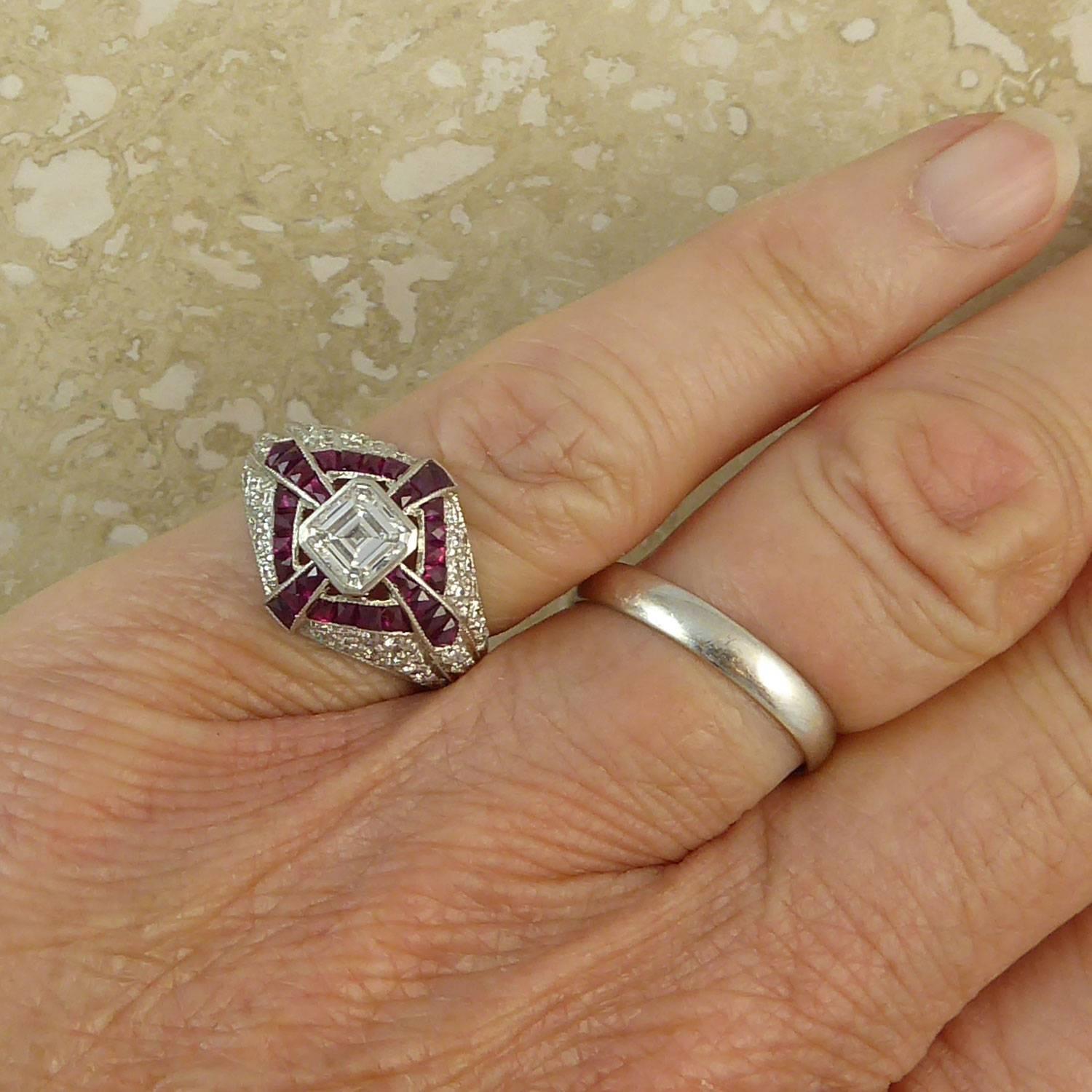 Modern Art Deco Style Diamond and Ruby Cocktail Ring, circa 1930s 6