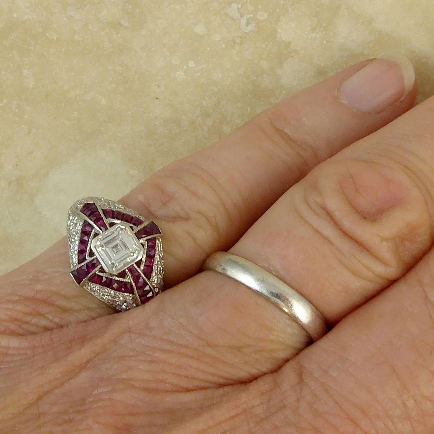 Modern Art Deco Style Diamond and Ruby Cocktail Ring, circa 1930s 7