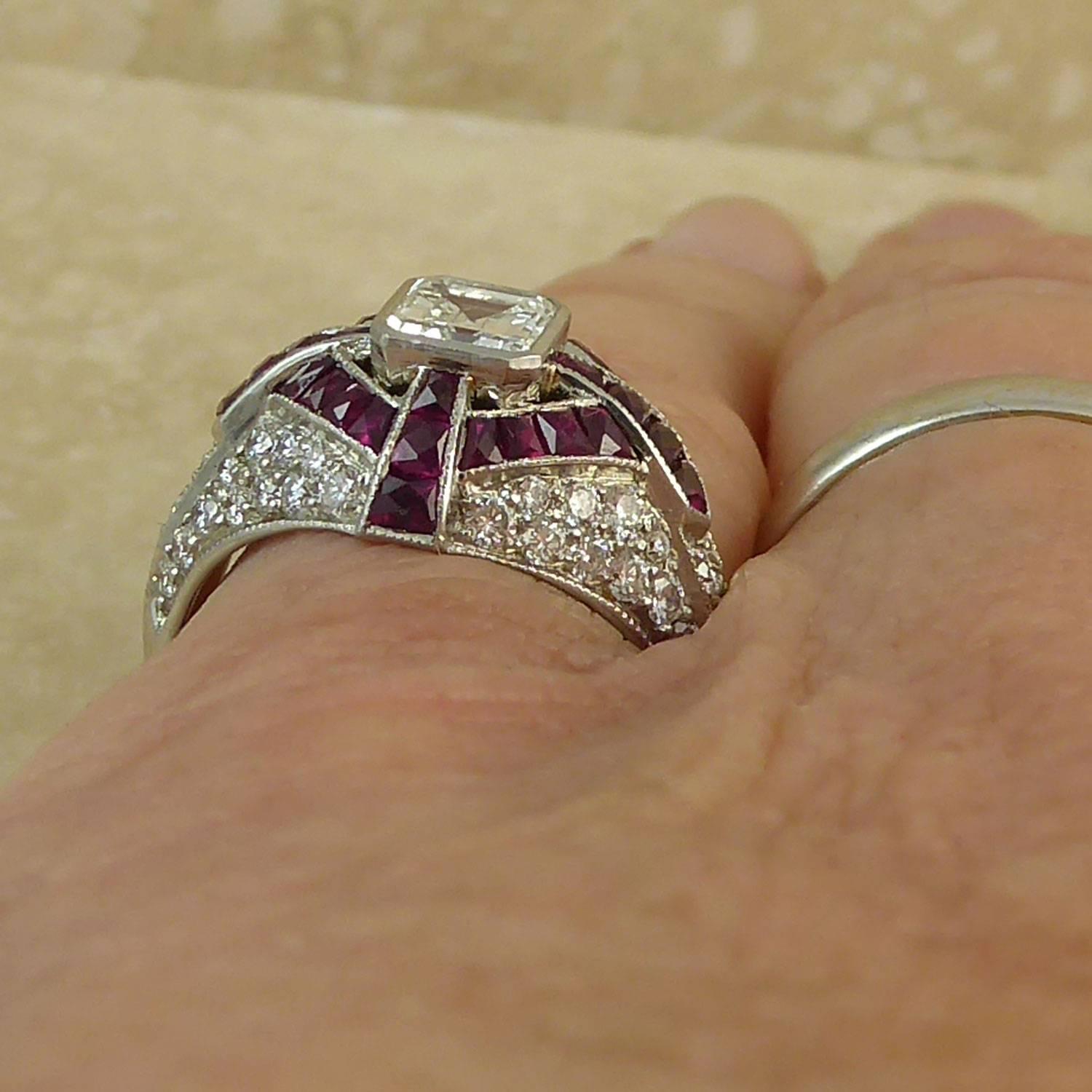Modern Art Deco Style Diamond and Ruby Cocktail Ring, circa 1930s 8