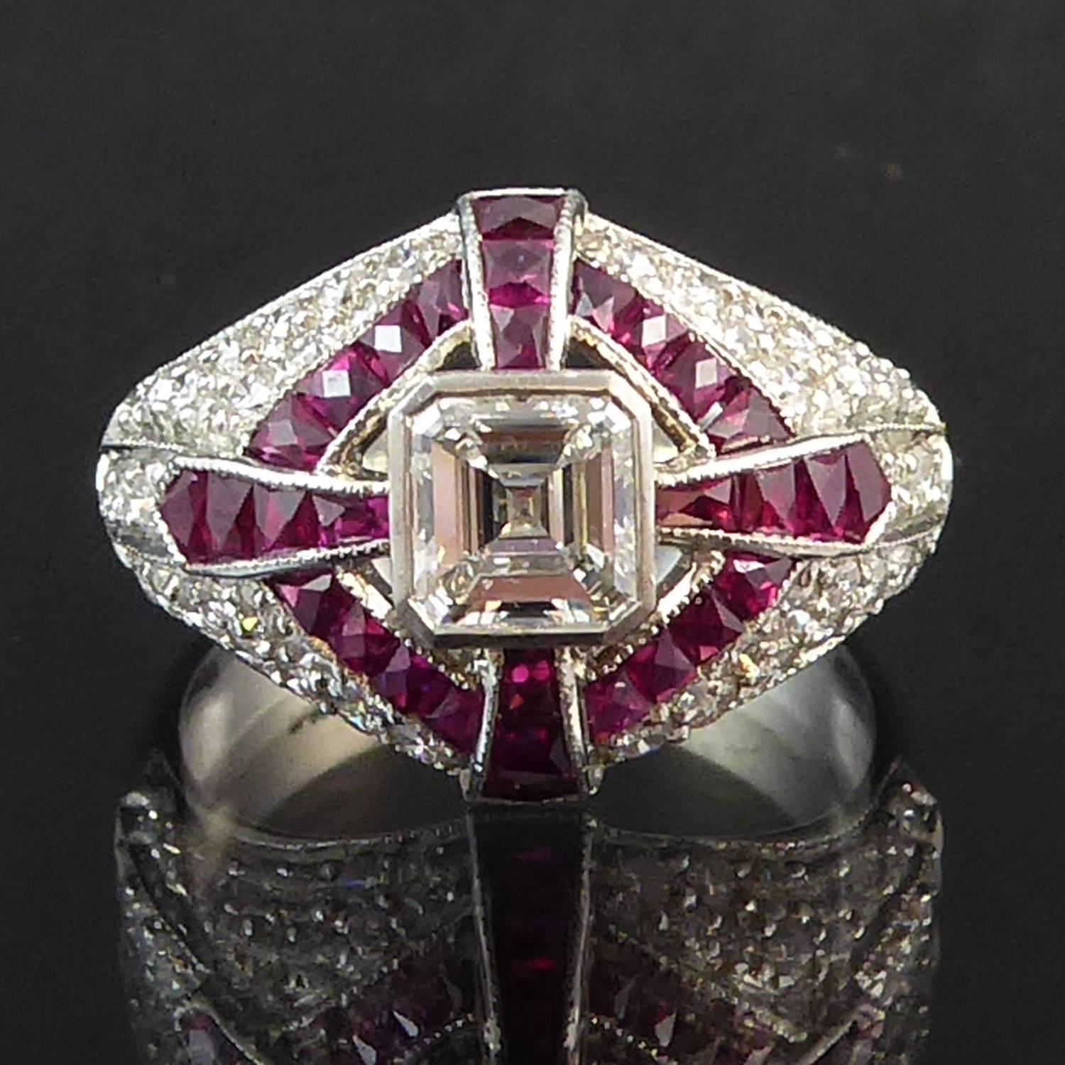 Modern Art Deco Style Diamond and Ruby Cocktail Ring, circa 1930s 9