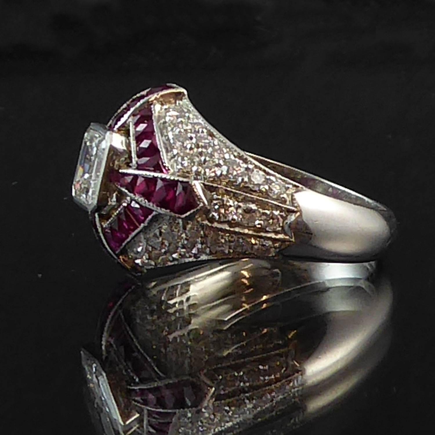 Emerald Cut Modern Art Deco Style Diamond and Ruby Cocktail Ring, circa 1930s